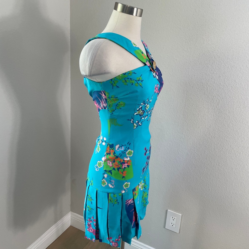 Versace H&M Womens 2 Blue Floral 100% Silk Mini Dress Pleated Gold Button - Picture 8 of 11
